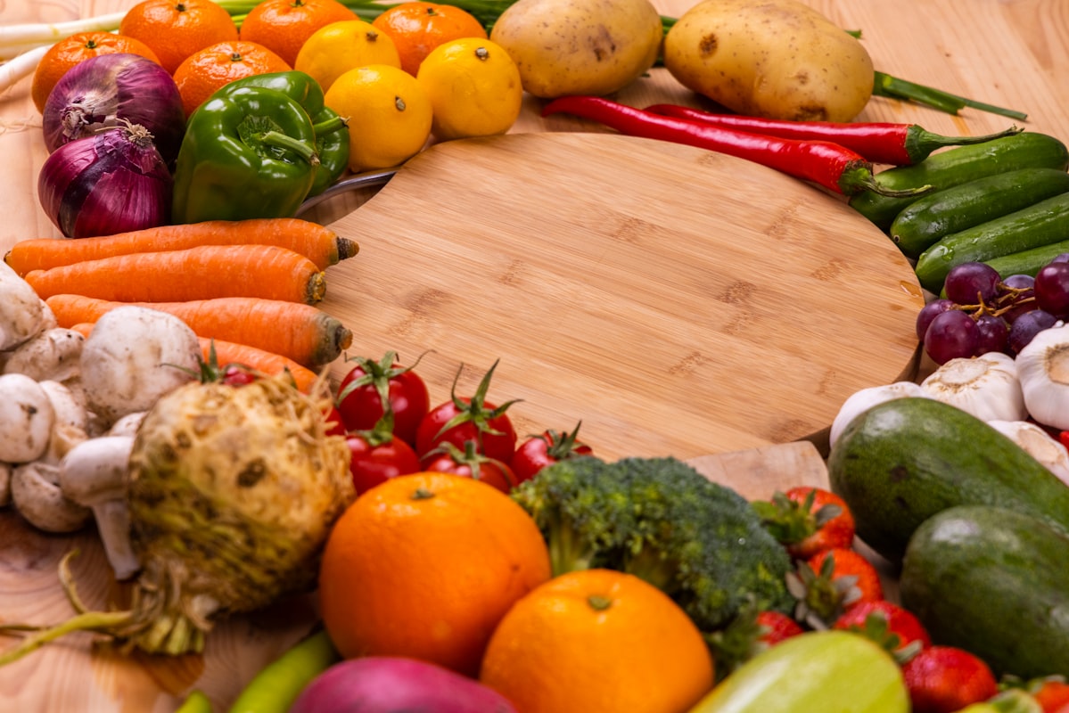 Fresh colorful vegetables and fruits for healthy aging nutrition